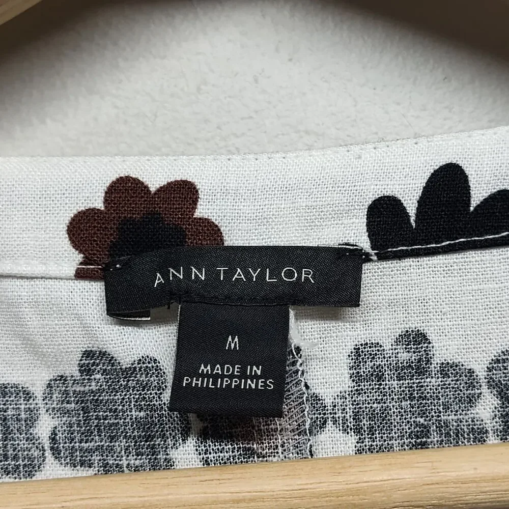 Ann Taylor Linen Blouse Top Women Size M White Floral Waist Tie Casual Feminine - Picture 8 of 9